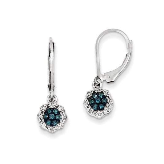 Sterling Silver White & Blue Diamond Leverback Earrings