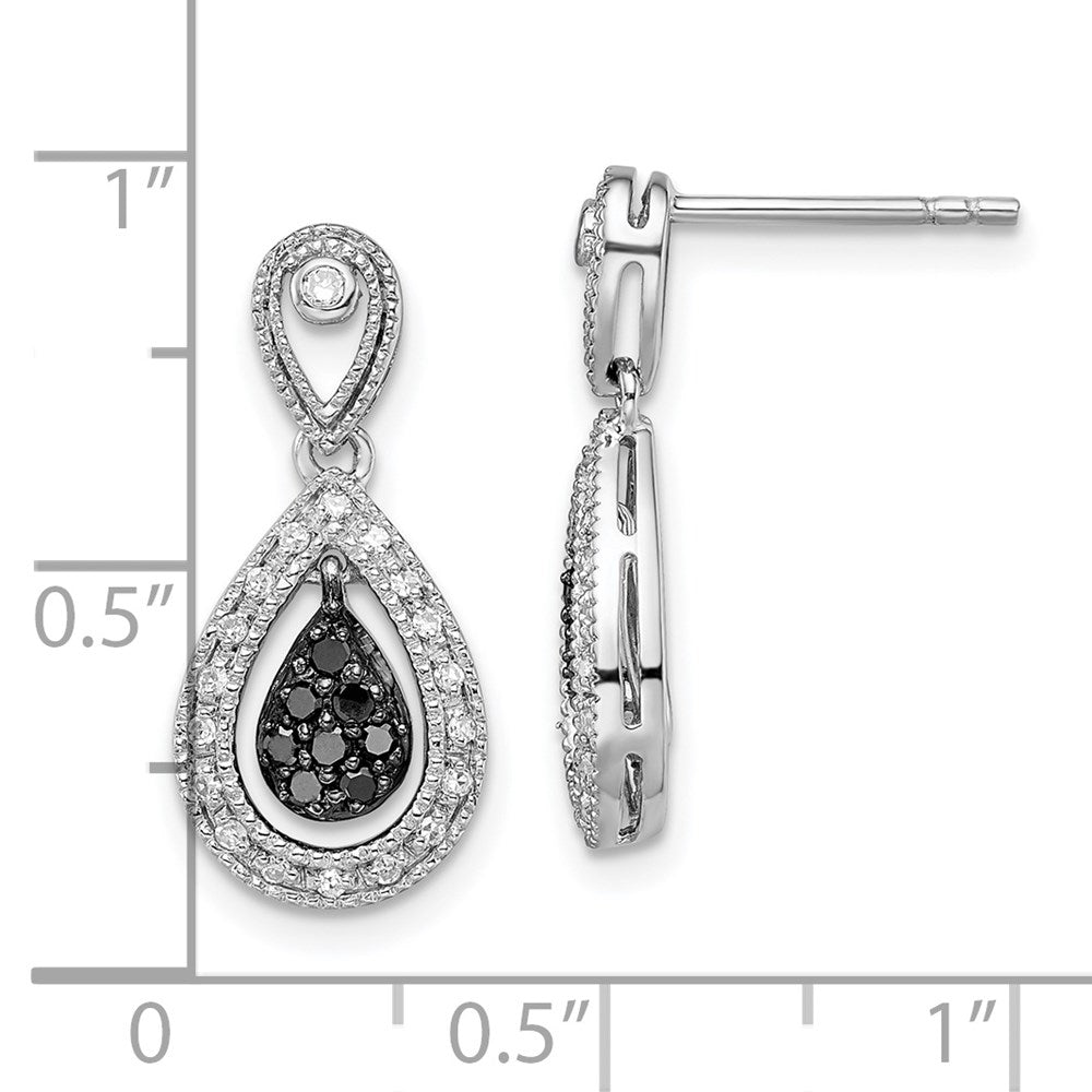 White Night Sterling Silver Rhodium-plated Black and White Diamond Double Teardrop Dangle Post Earrings