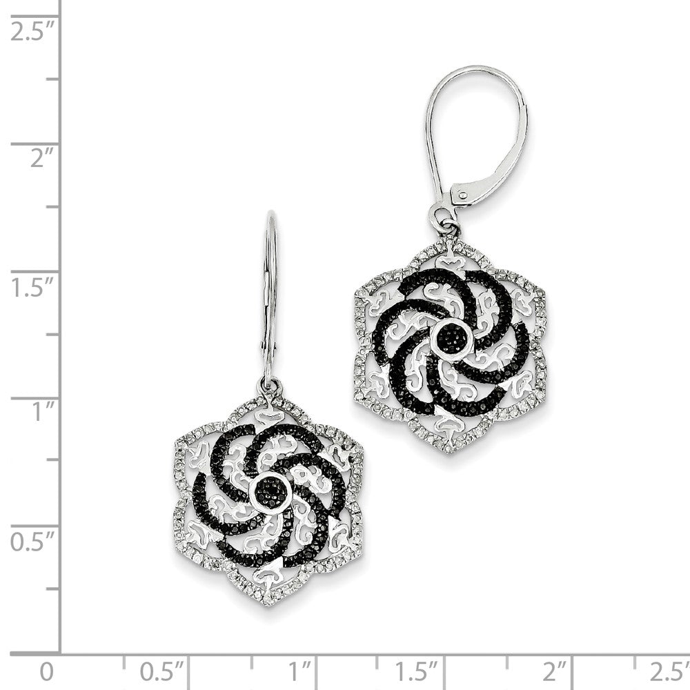 Sterling Silver Rhodium Plated Black & White Diamond Flower Earrings