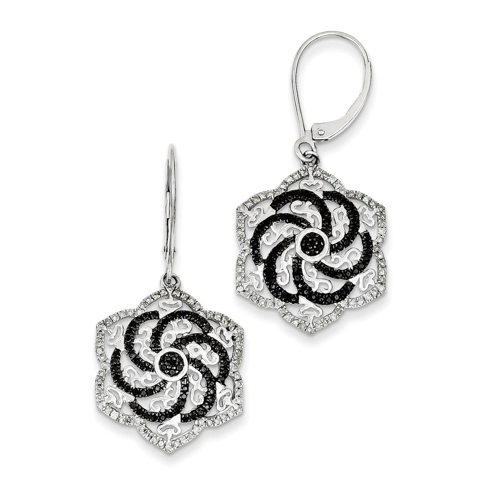 Sterling Silver Rhodium Plated Black & White Diamond Flower Earrings