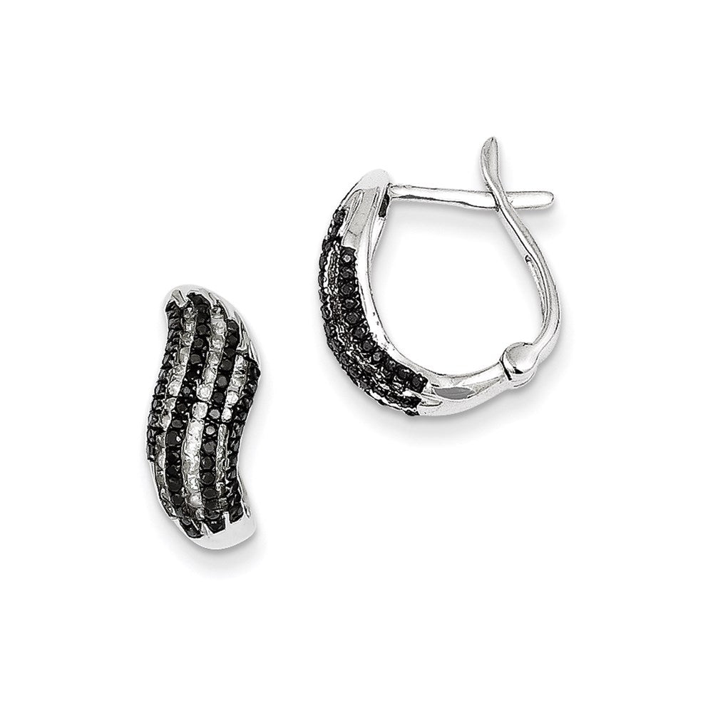 Sterling Silver Black and White Diamond Wave Hinged Hoop Earrings