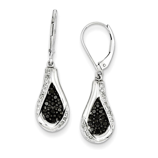 Sterling Silver Black Diamond Teardrop Leverback Earrings