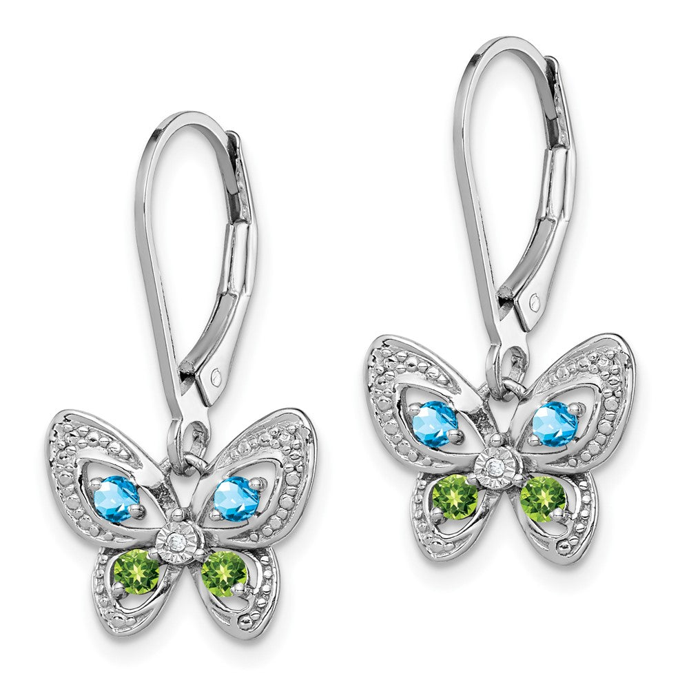 Sterling Silver Rhodium-plated Blue Topaz & Peridot & Diamond Earrings