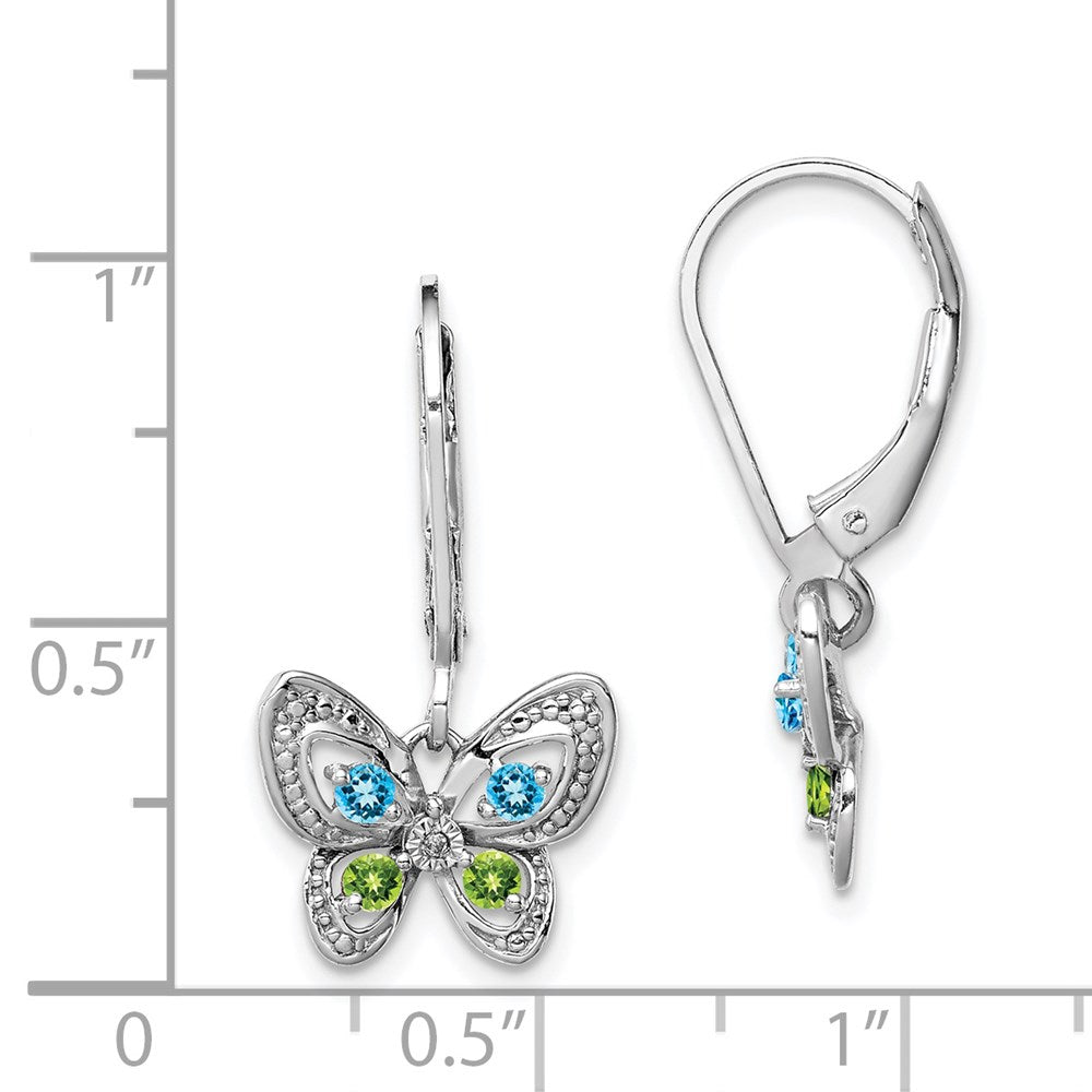 Sterling Silver Rhodium-plated Blue Topaz & Peridot & Diamond Earrings