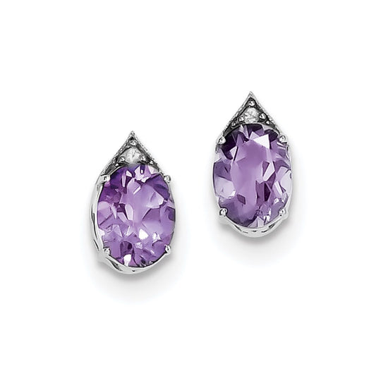 Sterling Silver Rhodium Amethyst and White Topaz Oval Post Earrings