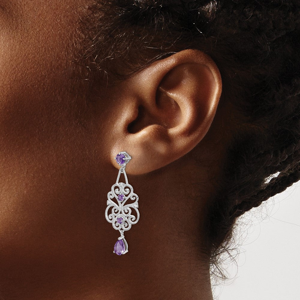 Sterling Silver Rhodium-plated Amethyst and Diamond Dangle Earrings