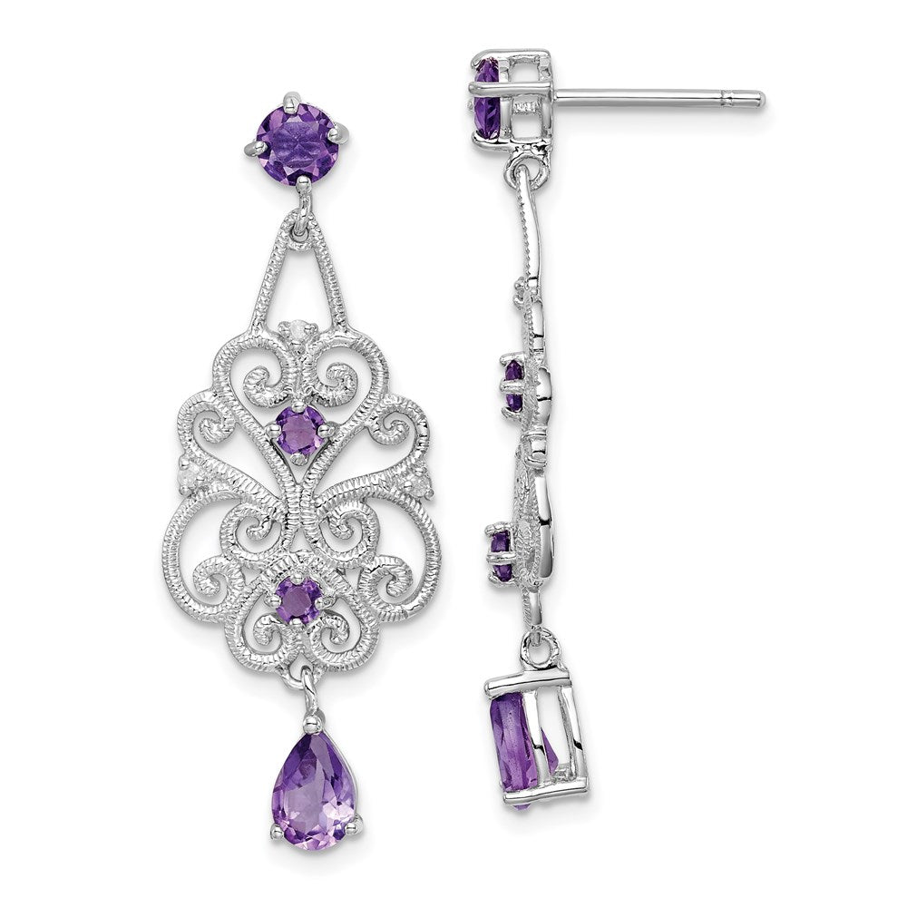 Sterling Silver Rhodium-plated Amethyst and Diamond Dangle Earrings