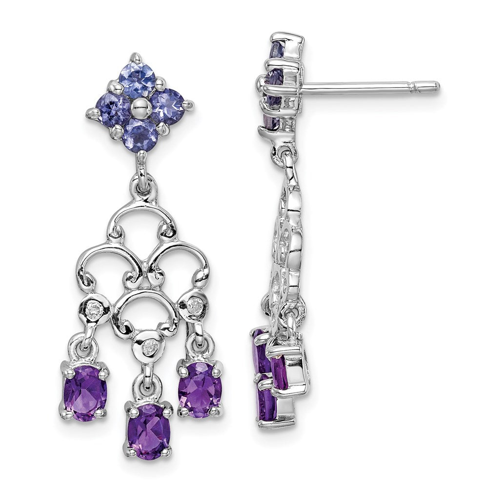 Sterling Silver RH Plated Amethyst Iolite and Diamond Dangle Earrings