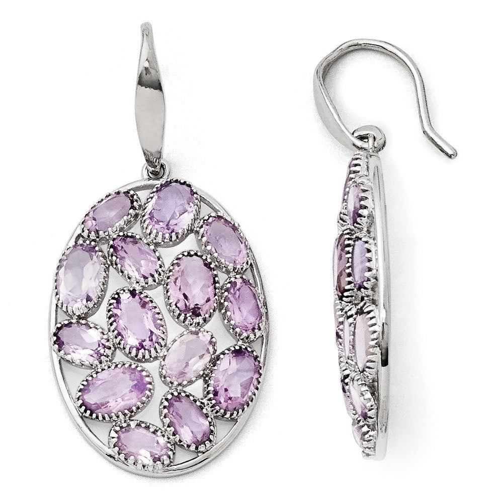 Sterling Silver Rhodium Plated Oval Amethyst Earrings