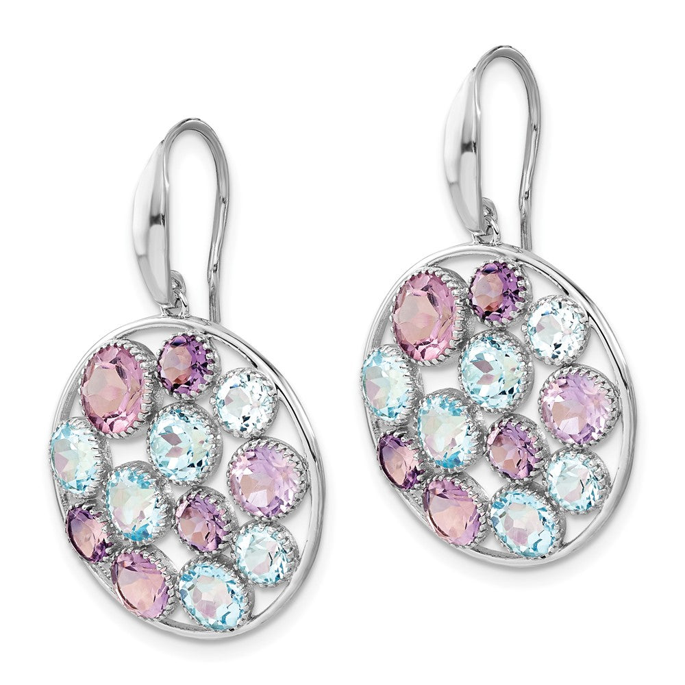 Sterling Silver Rhodium-plated Blue Topaz & Amethyst Circle Dangle Earrings