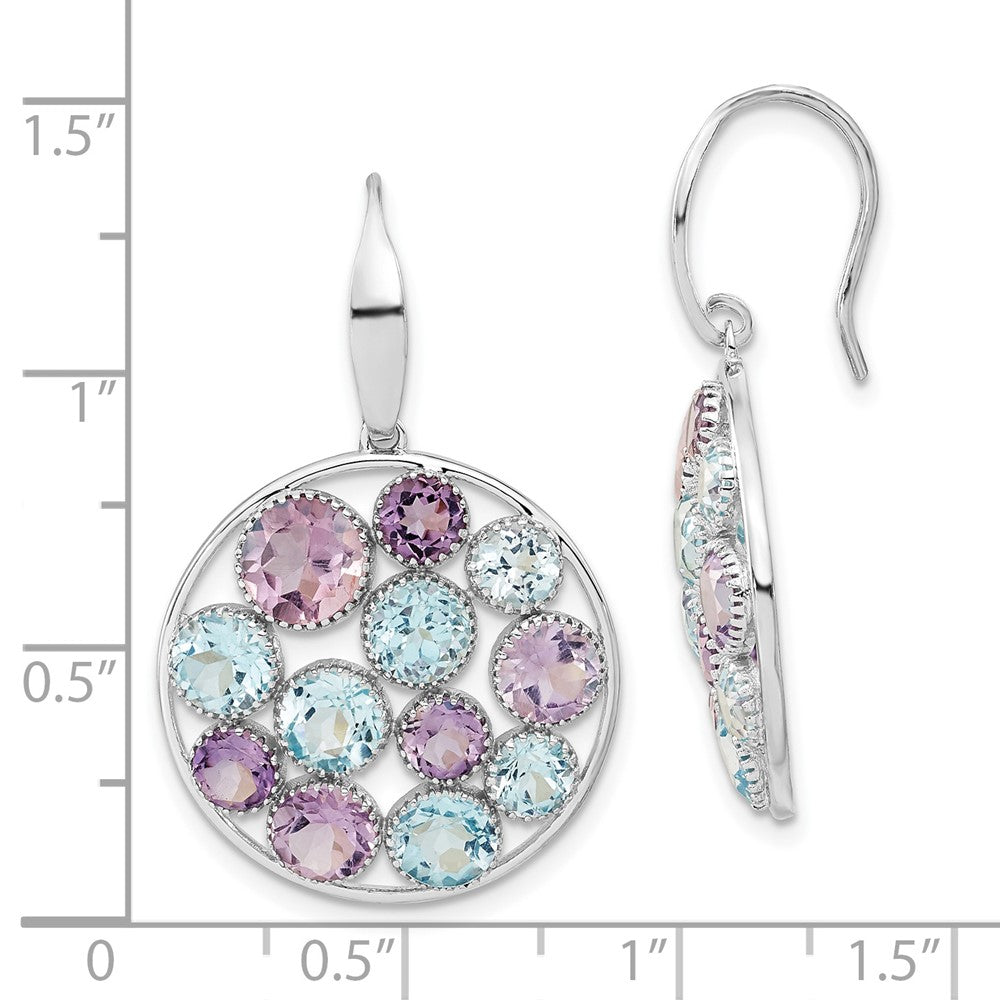 Sterling Silver Rhodium-plated Blue Topaz & Amethyst Circle Dangle Earrings