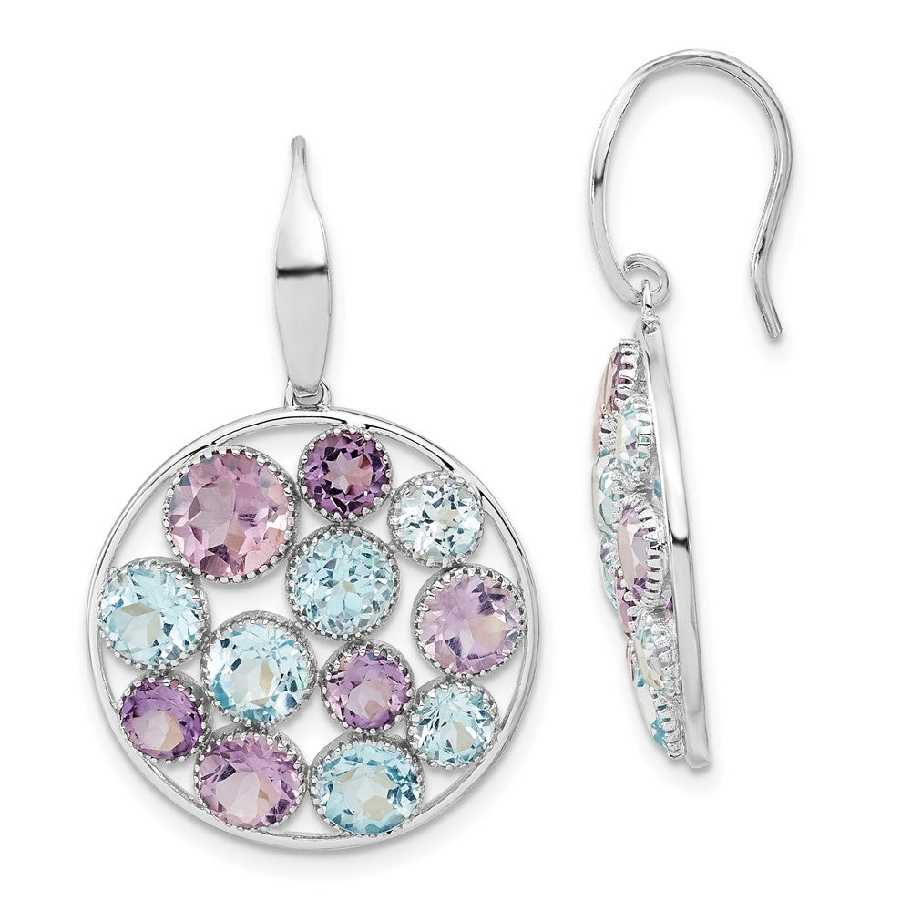 Sterling Silver Rhodium-plated Blue Topaz & Amethyst Circle Dangle Earrings