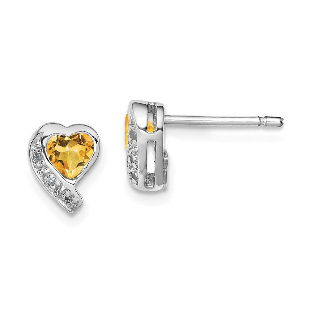 Sterling Silver Rhodium-plated Citrine and Diamond Heart Earrings