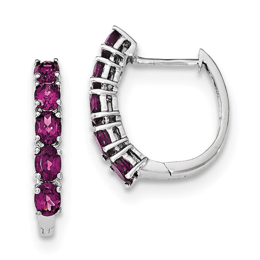 Sterling Silver Rhodium Polished Rhodolite Garnet Hinged Hoop Earrings