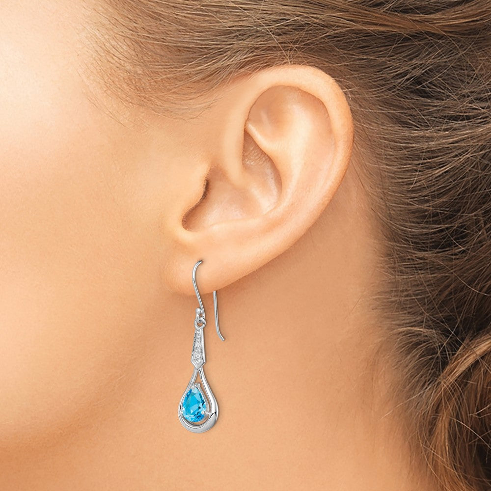 Sterling Silver Rhodium-plated CZ and Blue Topaz Dangle Earrings