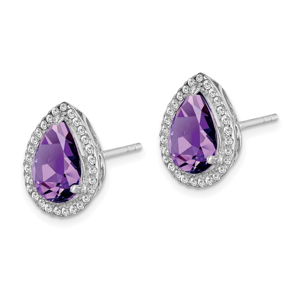 Sterling Silver Rhodium Polished Amethyst & CZ Post Earrings