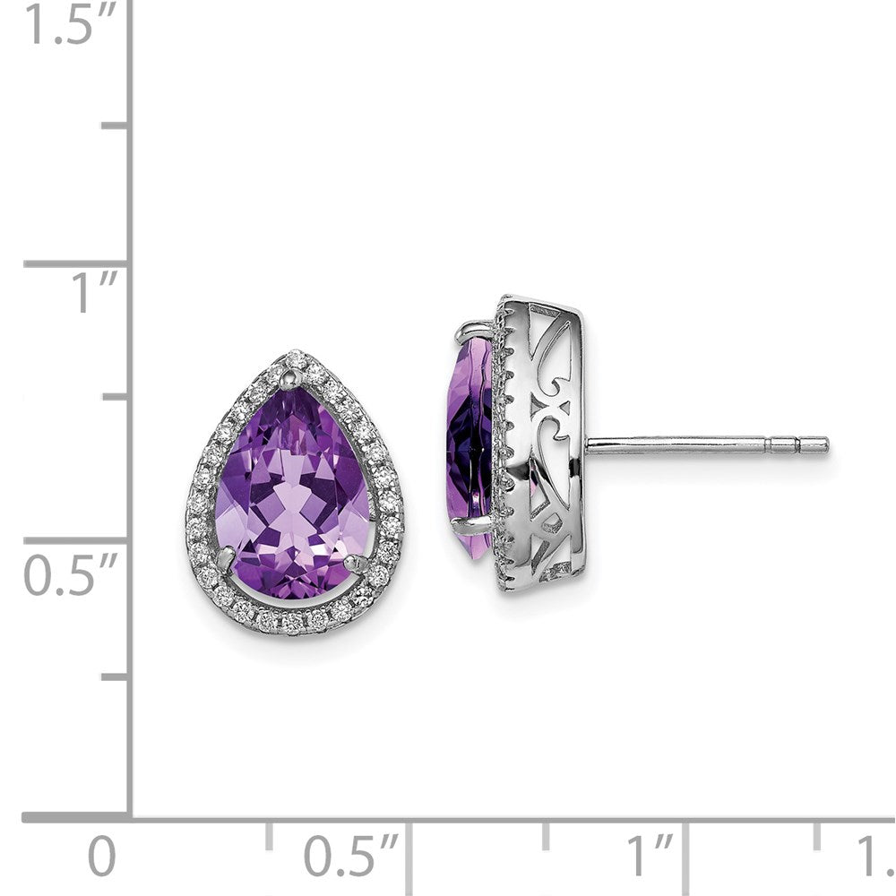 Sterling Silver Rhodium Polished Amethyst & CZ Post Earrings