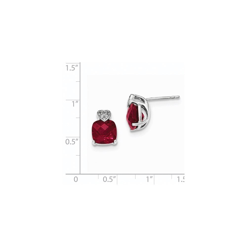 Sterling Silver Rhodium Polished White Topaz Created Ruby Post Earrings