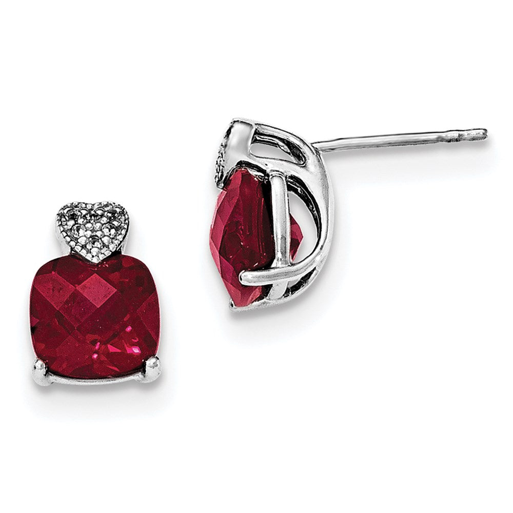 Sterling Silver Rhodium Polished White Topaz Created Ruby Post Earrings