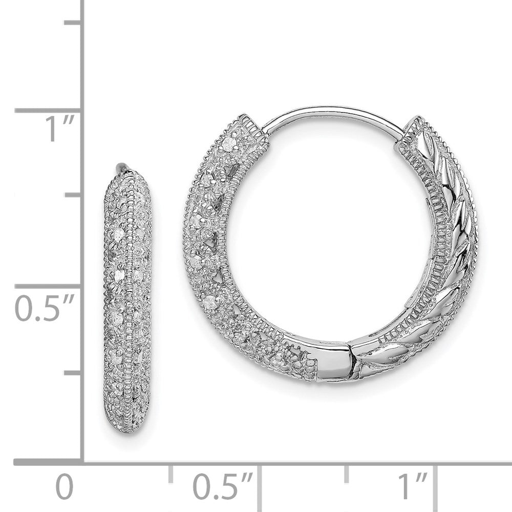 Sterling Silver Rhodium with Diamond Hinged Hoop Earrings