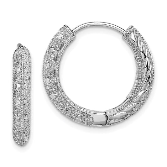 Sterling Silver Rhodium with Diamond Hinged Hoop Earrings