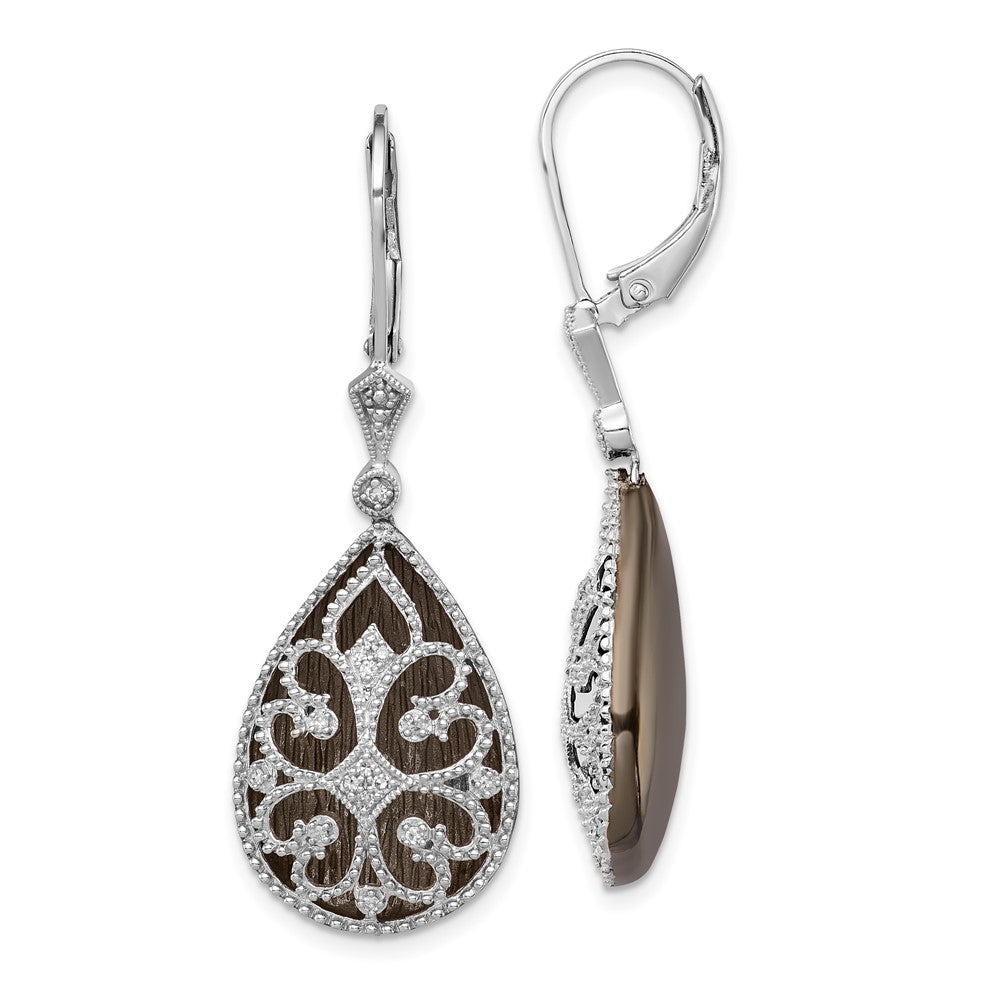 Sterling Silver Rhodium Diamond Filigree Teardrop Leverback Earrings