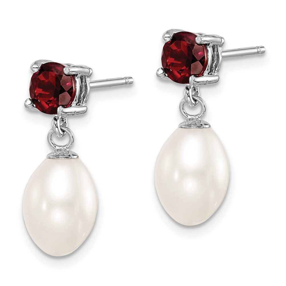 Sterling Silver Rhodium Plated Garnet and 7-8mm Freshwater Cultured Pearl Teardrop Dangle Post Earrings