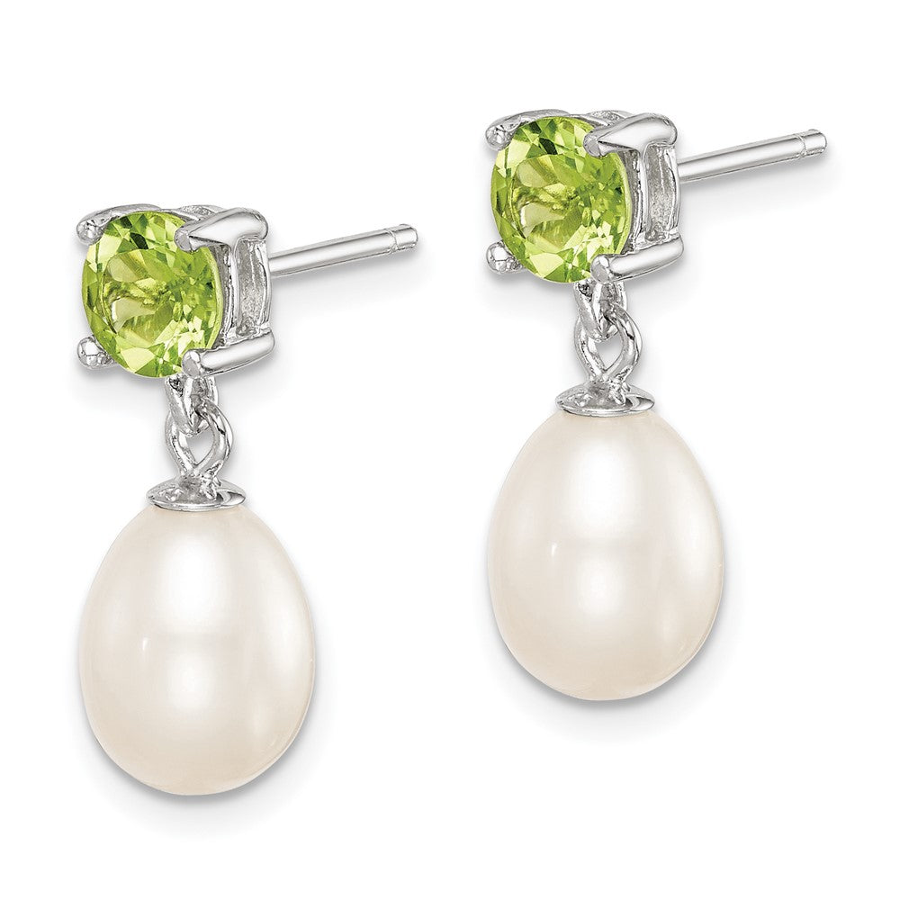 Sterling Silver Rhodium Plated Peridot and 7-8mm Freshwater Cultured Pearl Teardrop Dangle Post Earrings