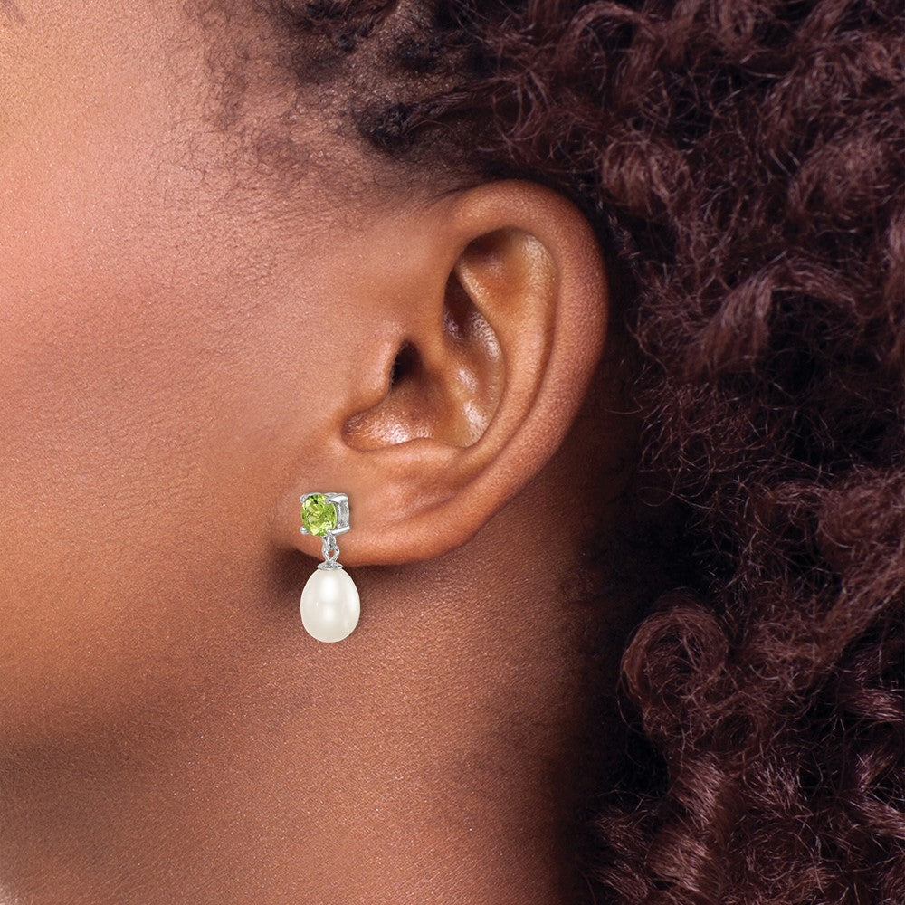 Sterling Silver Rhodium Plated Peridot and 7-8mm Freshwater Cultured Pearl Teardrop Dangle Post Earrings