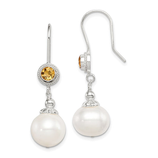 Sterling Silver Citrine FW Cultured Pearl Drop Earrings