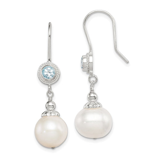 Sterling Silver Blue Topaz FW Cultured Pearl Drop Earrings