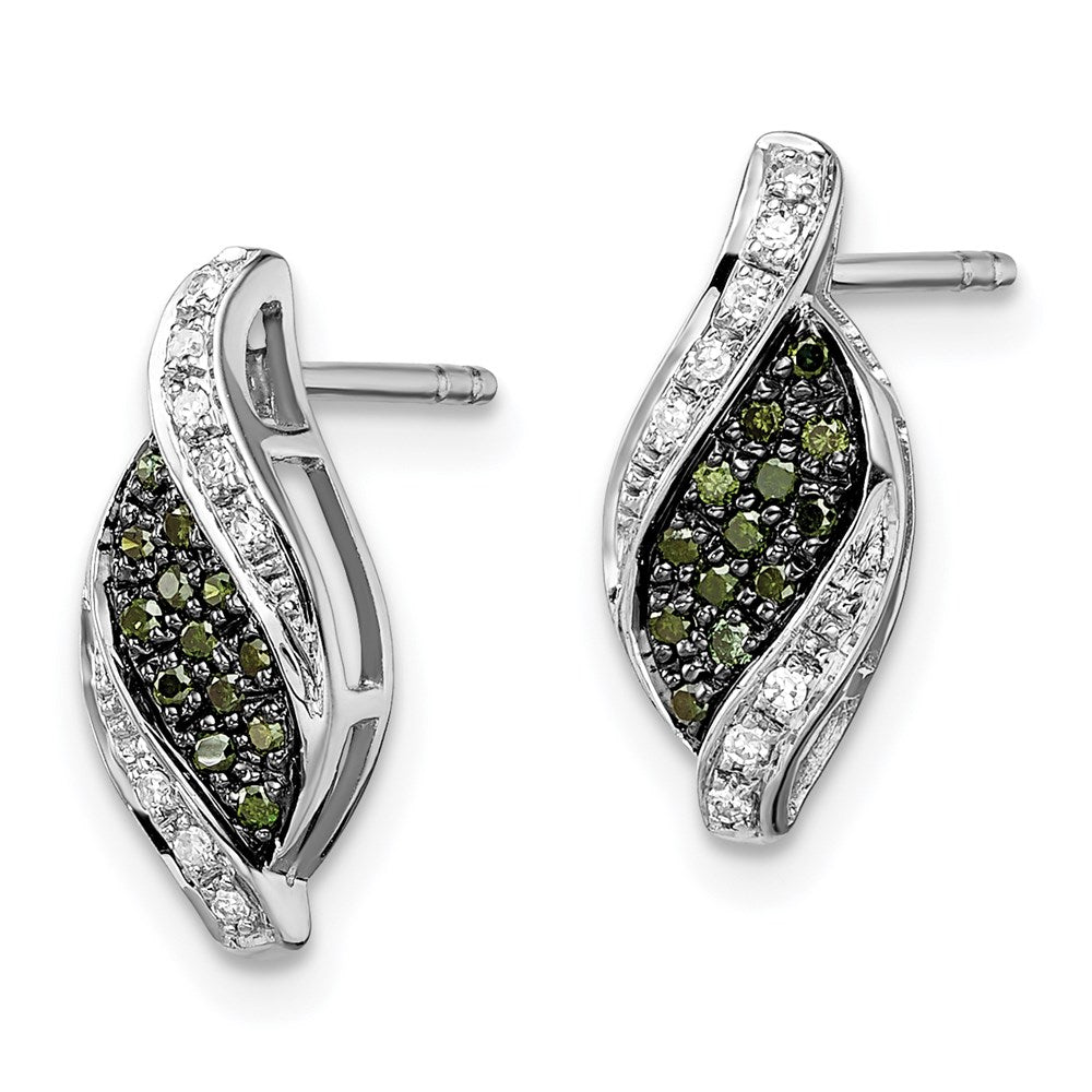 Sterling Silver Rhodium-plated Green/White Diamond Swirl Post Earrings