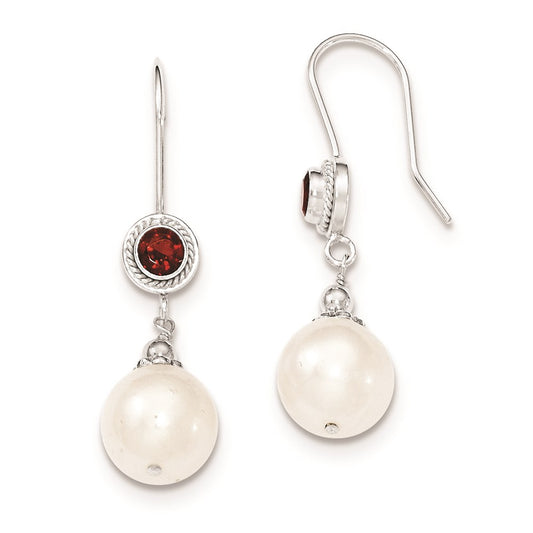 Sterling Silver Garnet FW Cultured Pearl Drop Earrings