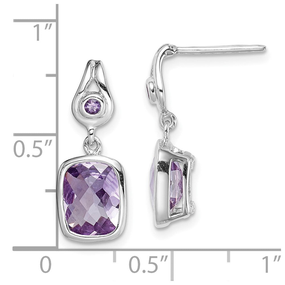 Sterling Silver Rhodium Plated Checkerboard Amethyst Dangle Earrings