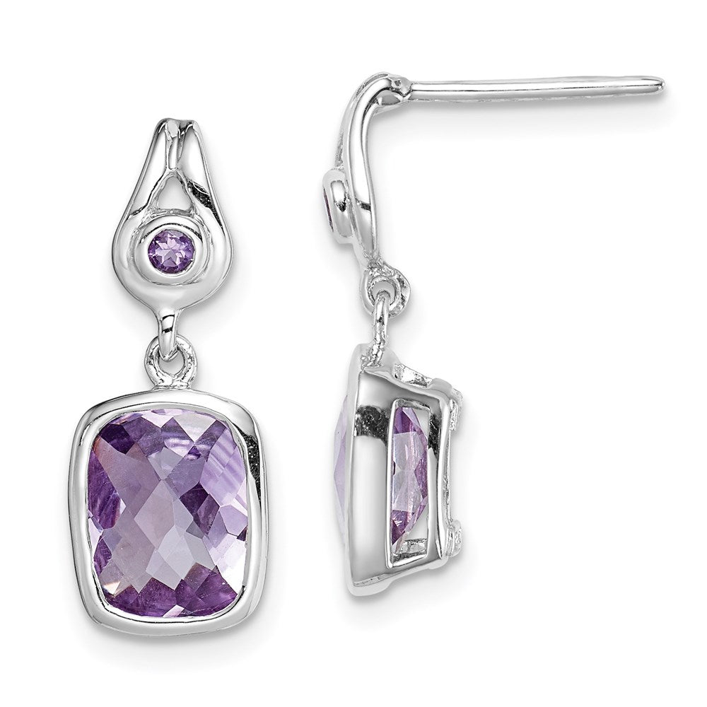 Sterling Silver Rhodium Plated Checkerboard Amethyst Dangle Earrings