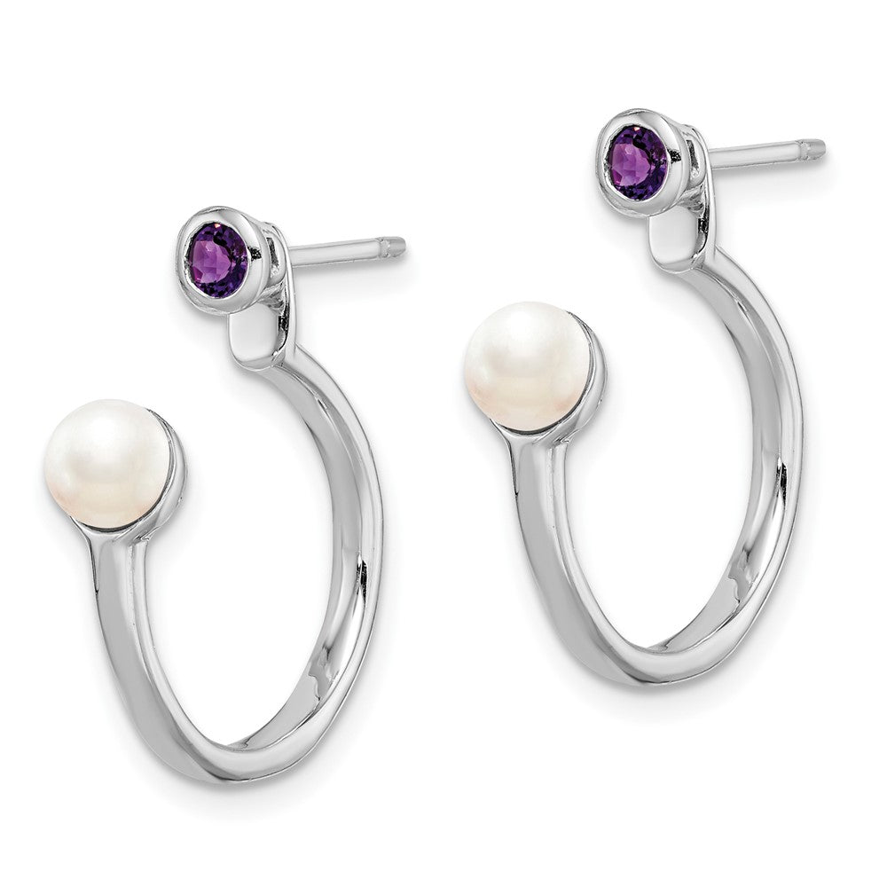 Sterling Silver Rhodium-plate FWC Pearl & Amethyst Front & Back Earrings