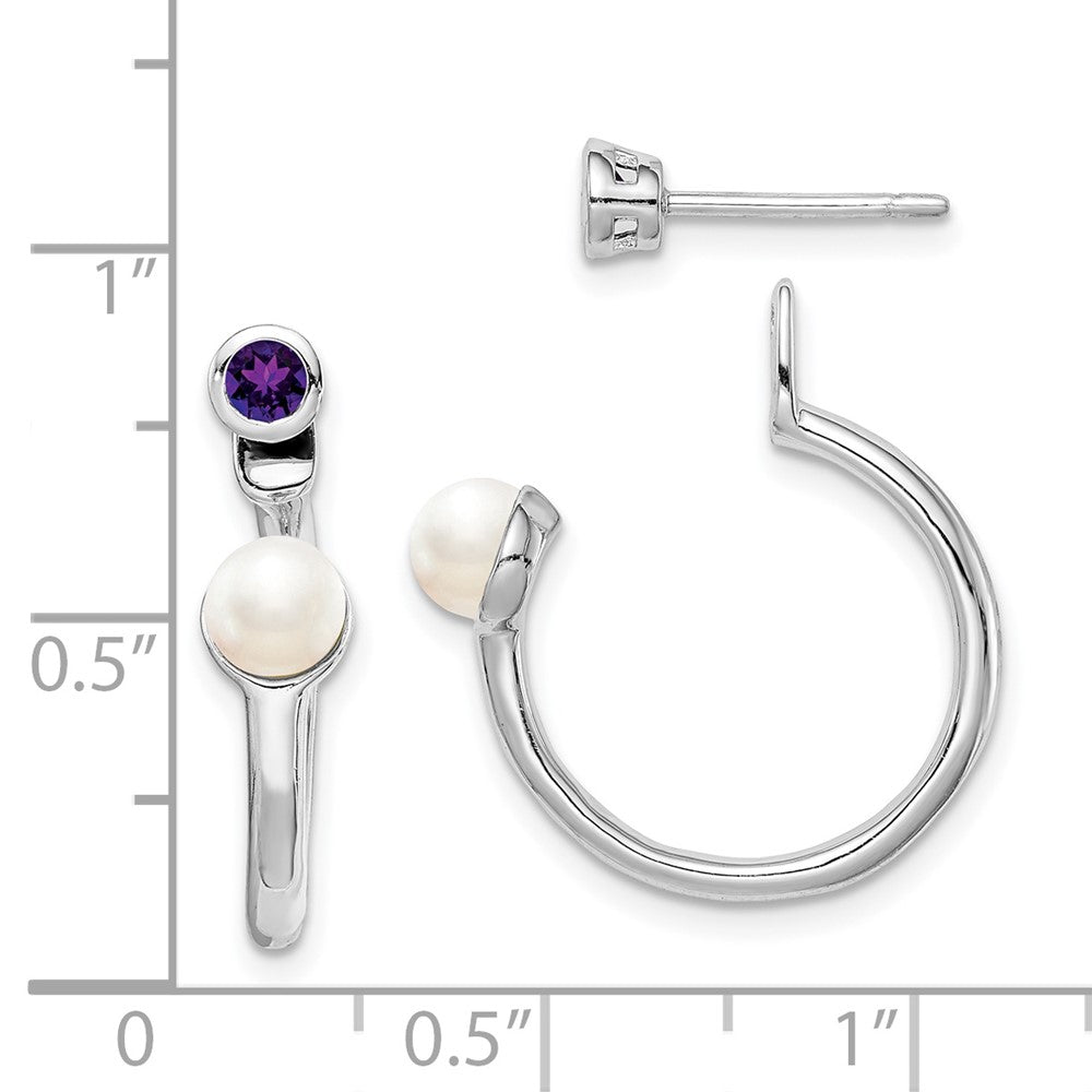 Sterling Silver Rhodium-plate FWC Pearl & Amethyst Front & Back Earrings