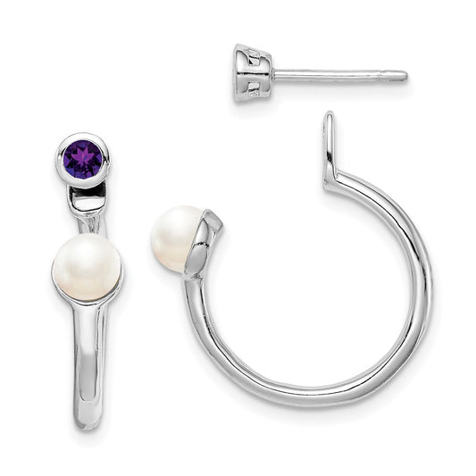 Sterling Silver Rhodium-plate FWC Pearl & Amethyst Front & Back Earrings