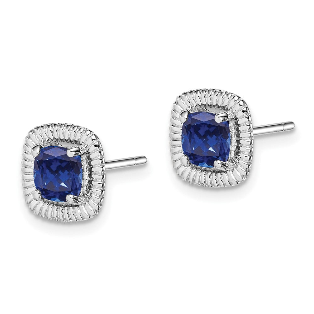 Sterling Silver Rhod-plat Created Sapphire Square Post Earrings