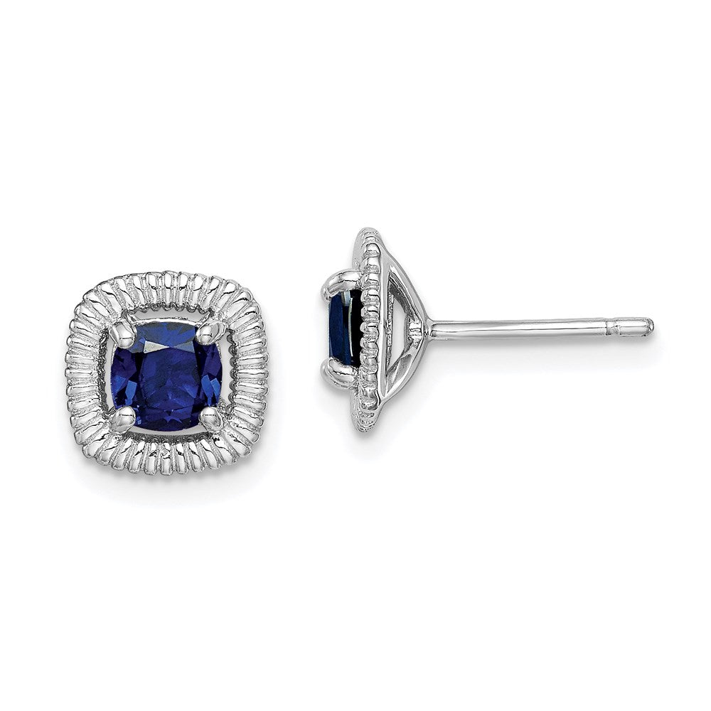 Sterling Silver Rhod-plat Created Sapphire Square Post Earrings