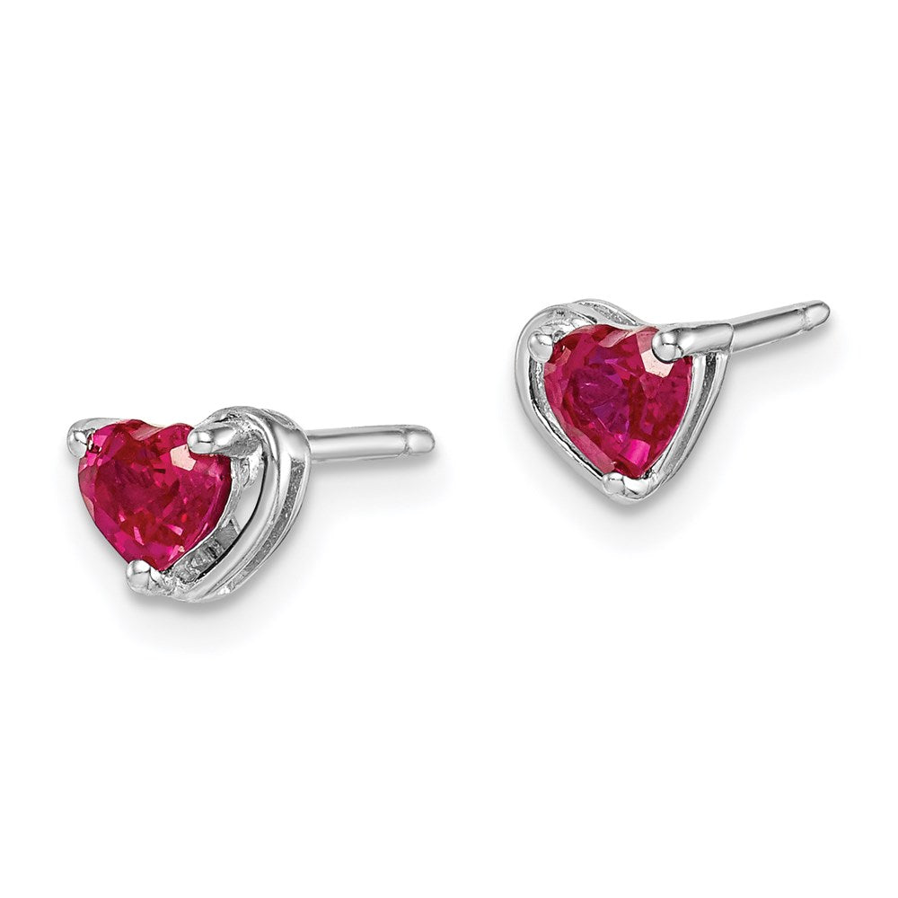 Sterling Silver Rhod-plated Created Ruby Heart Post Earrings