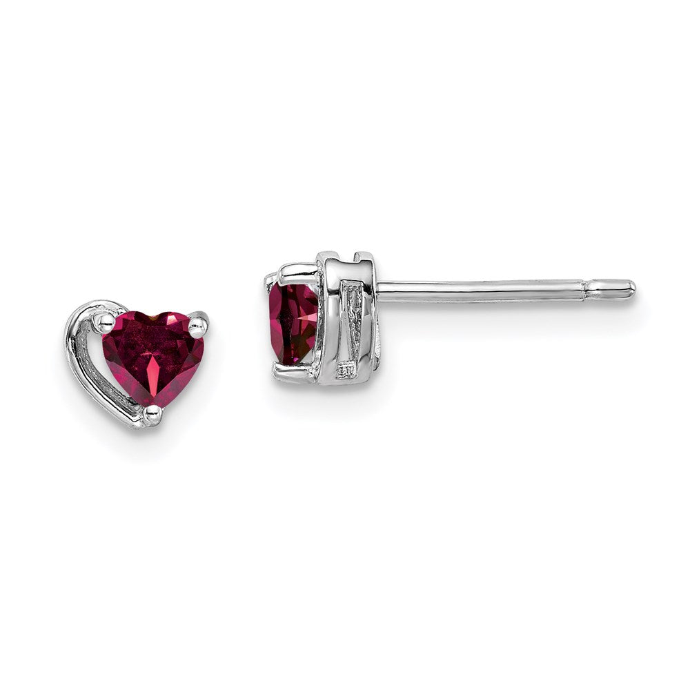 Sterling Silver Rhod-plated Created Ruby Heart Post Earrings