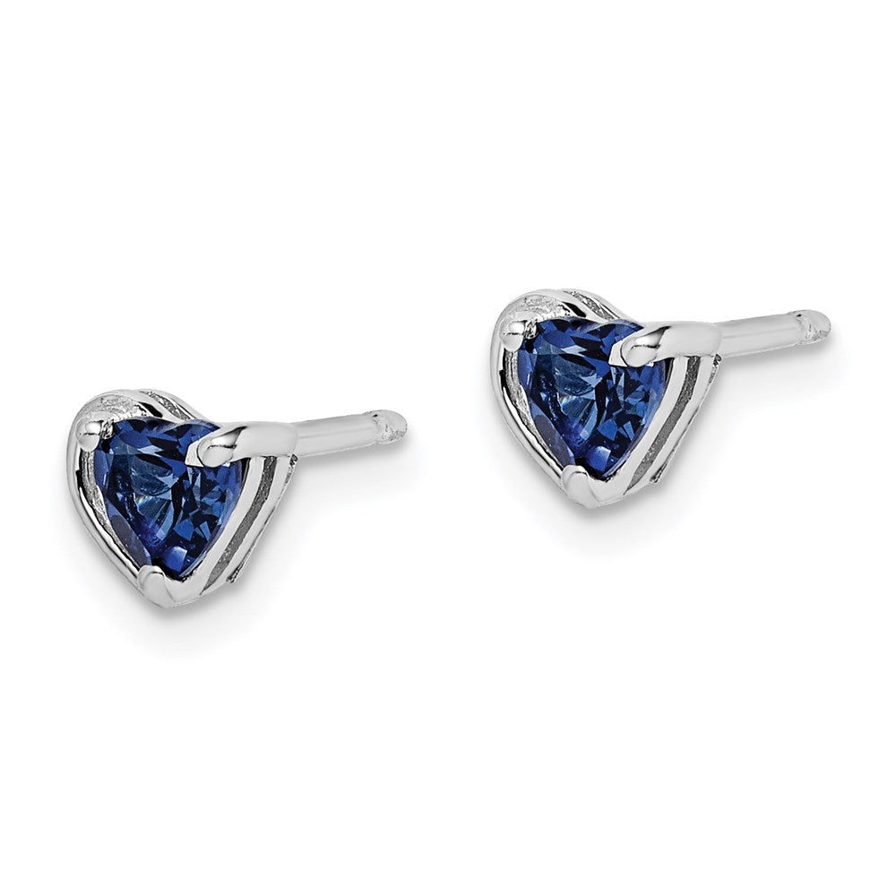 Sterling Silver Rhod-plated Created Sapphire Heart Post Earrings