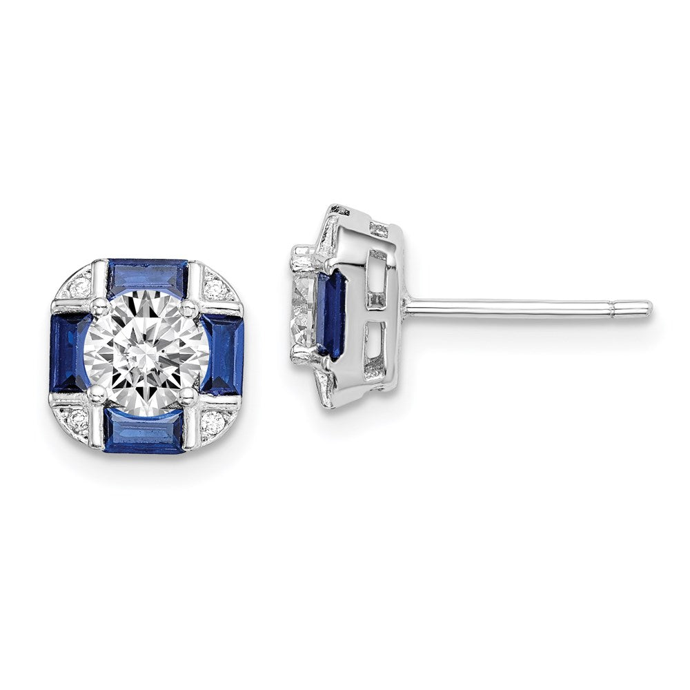 Sterling Silver Rhodium-plated CZ and Lab Created Blue Spinel Earrings