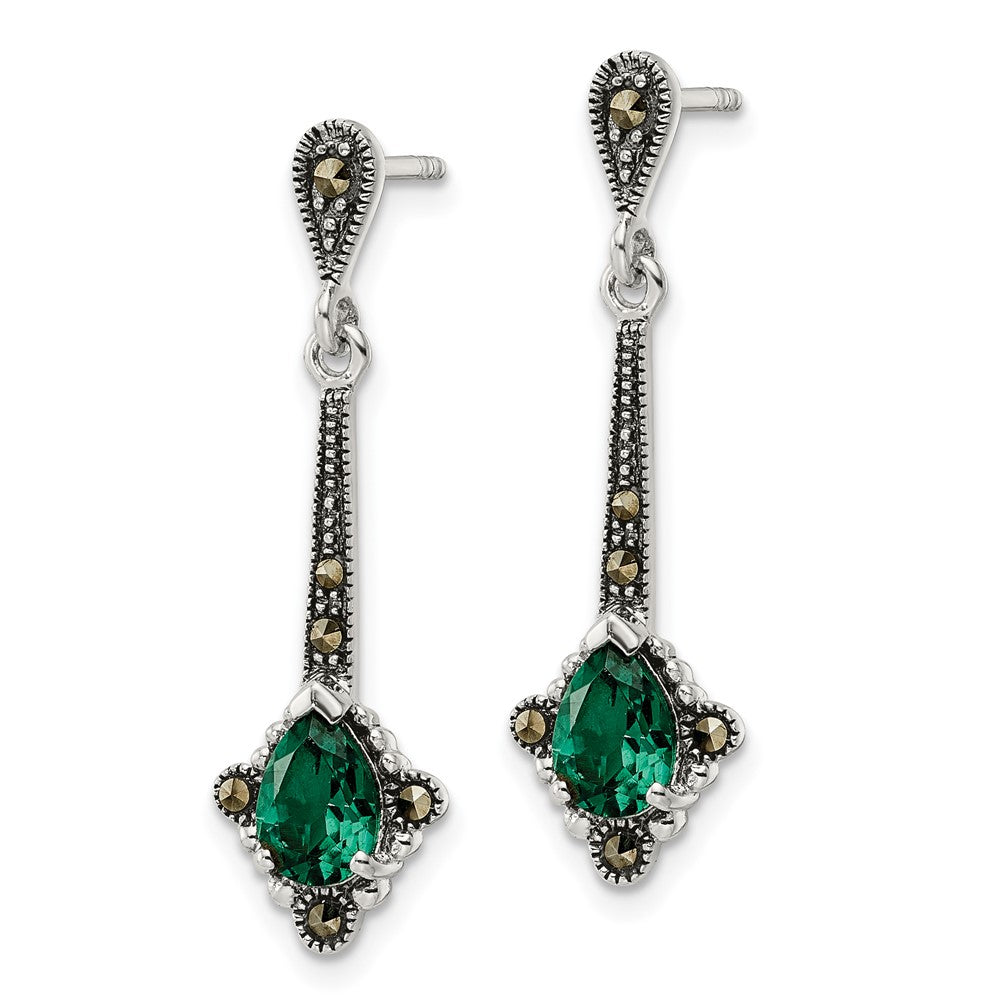 Sterling Silver Antiqued Marcasite & Lab Created Green Quartz Earrings