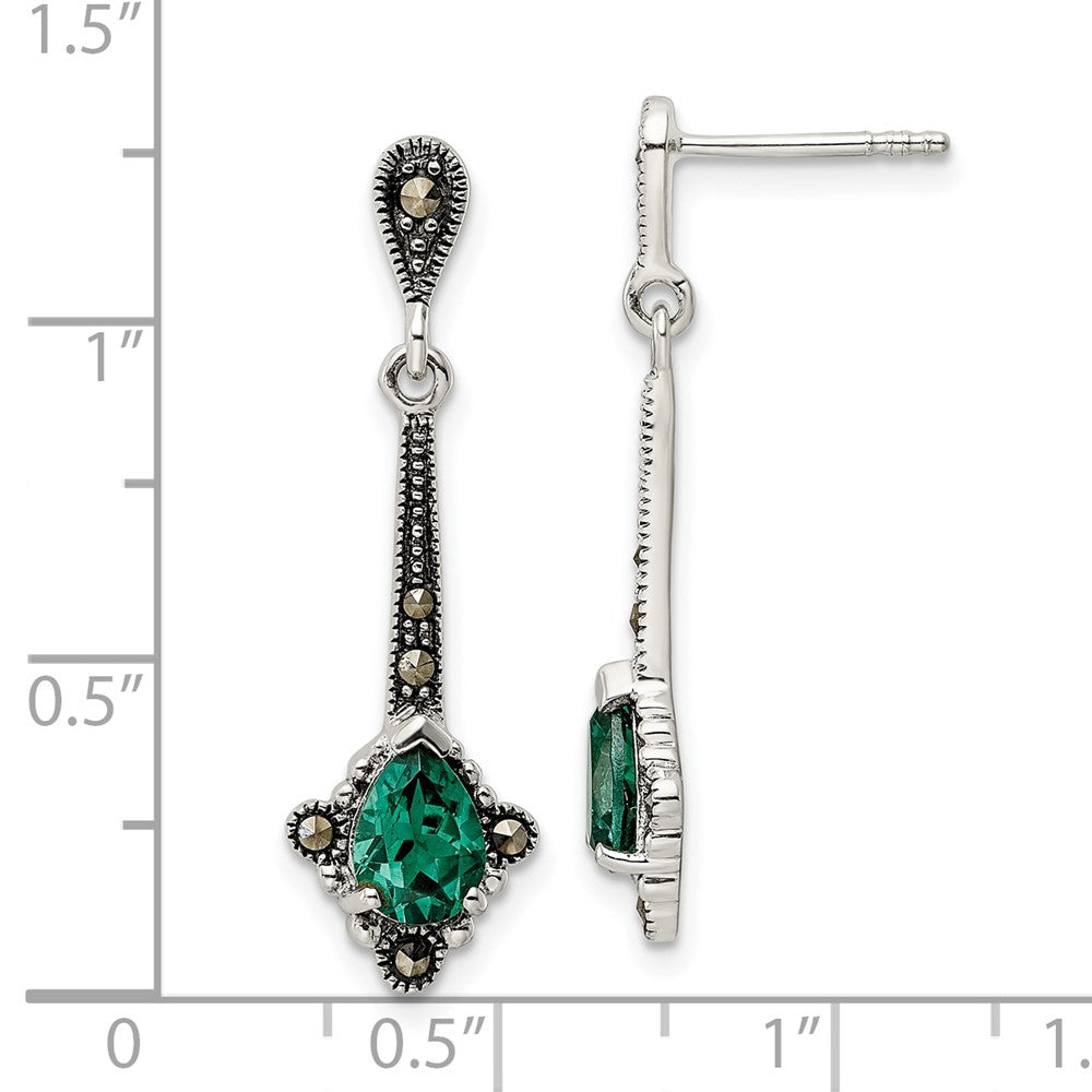 Sterling Silver Antiqued Marcasite & Lab Created Green Quartz Earrings