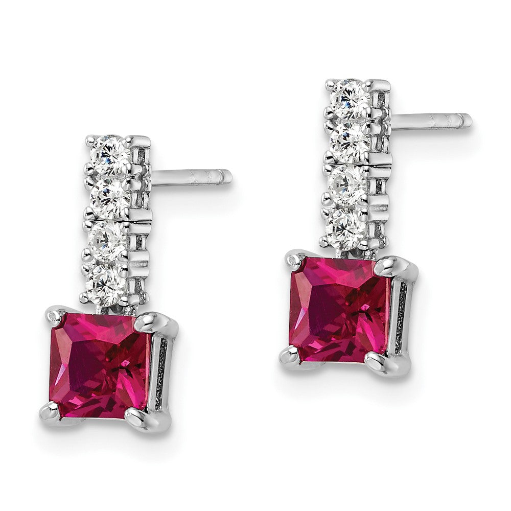 Sterling Silver Rhodium-plated Created Ruby and CZ Post Dangle Earrings