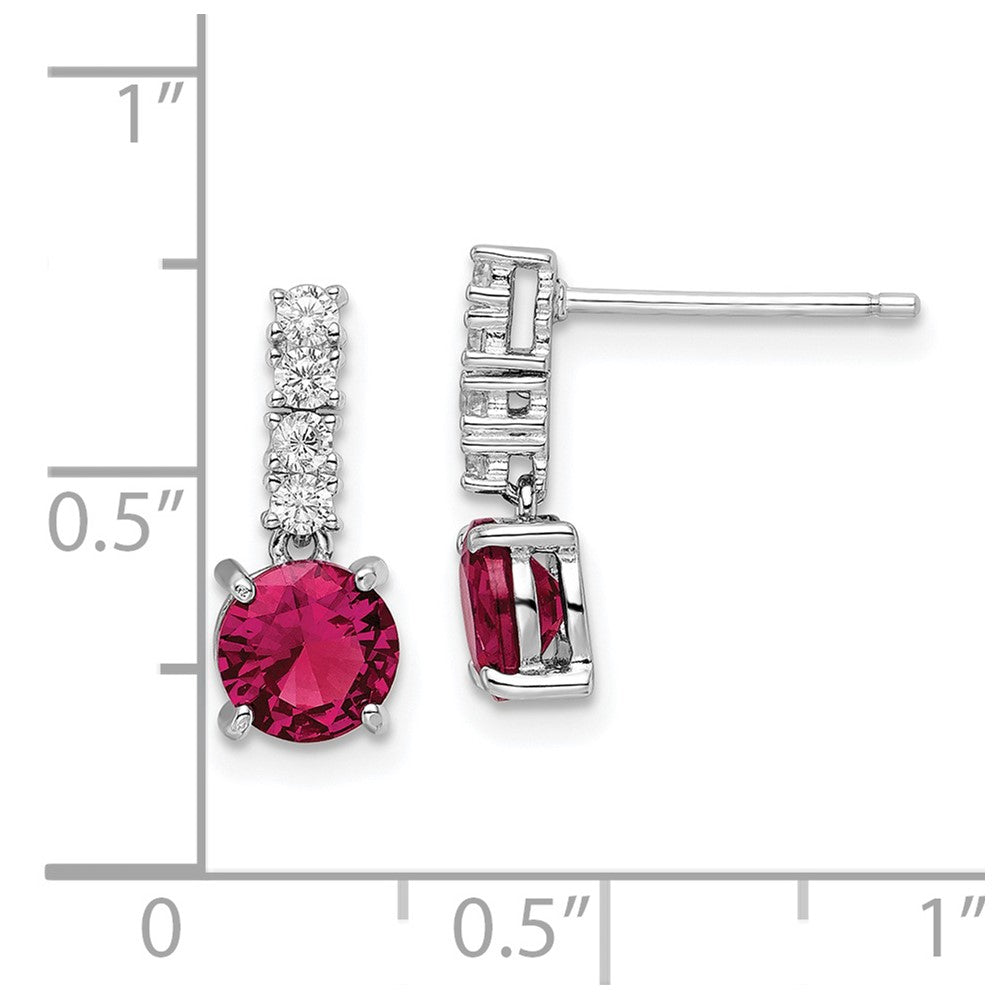 Sterling Silver Rhodium-plated Created Ruby and CZ Post Dangle Earrings