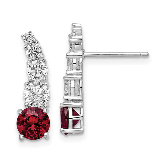 Sterling Silver Rhodium-plated Created Ruby and CZ Post Dangle Earrings