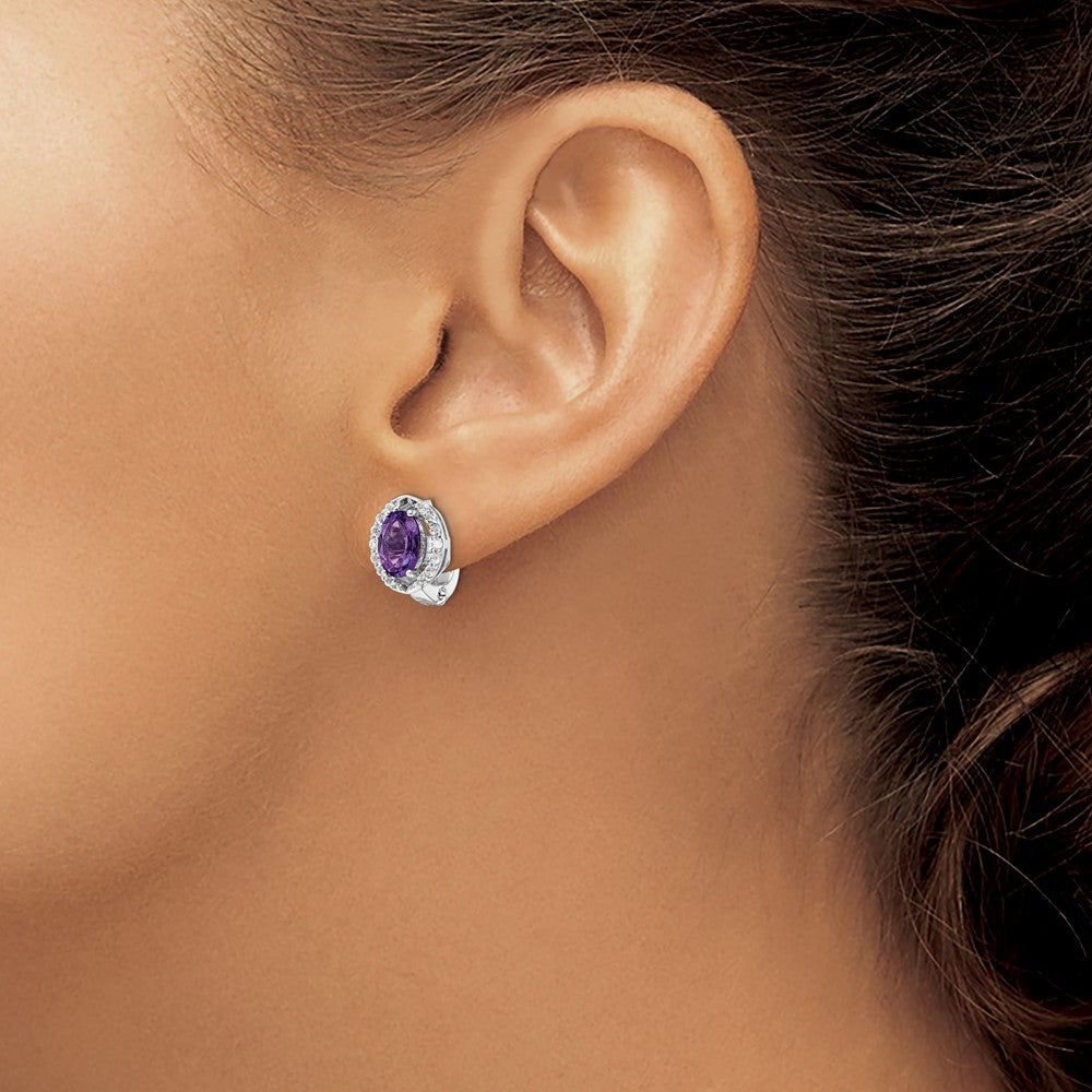 SS Rhod-plated 2.02Amethyst/WhiteTopaz Oval Hinged Earrings